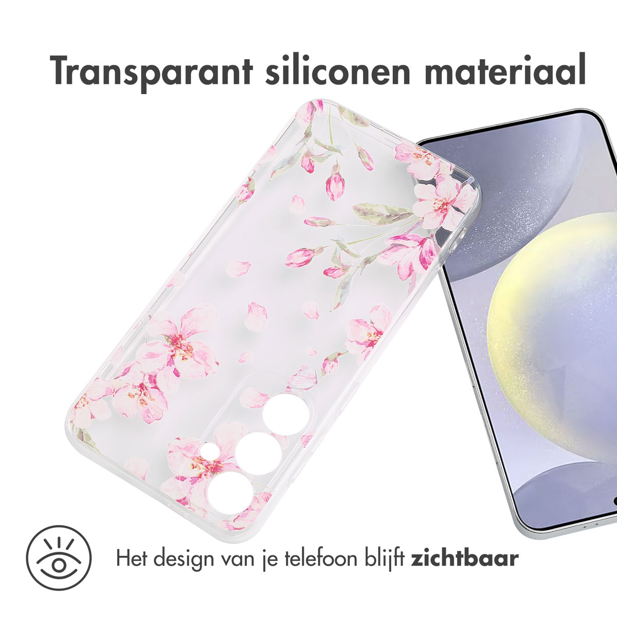 Coque de téléphone avec motif floral rose. Texte en néerlandais : « Matériau silicone transparent ». Design du téléphone visible.