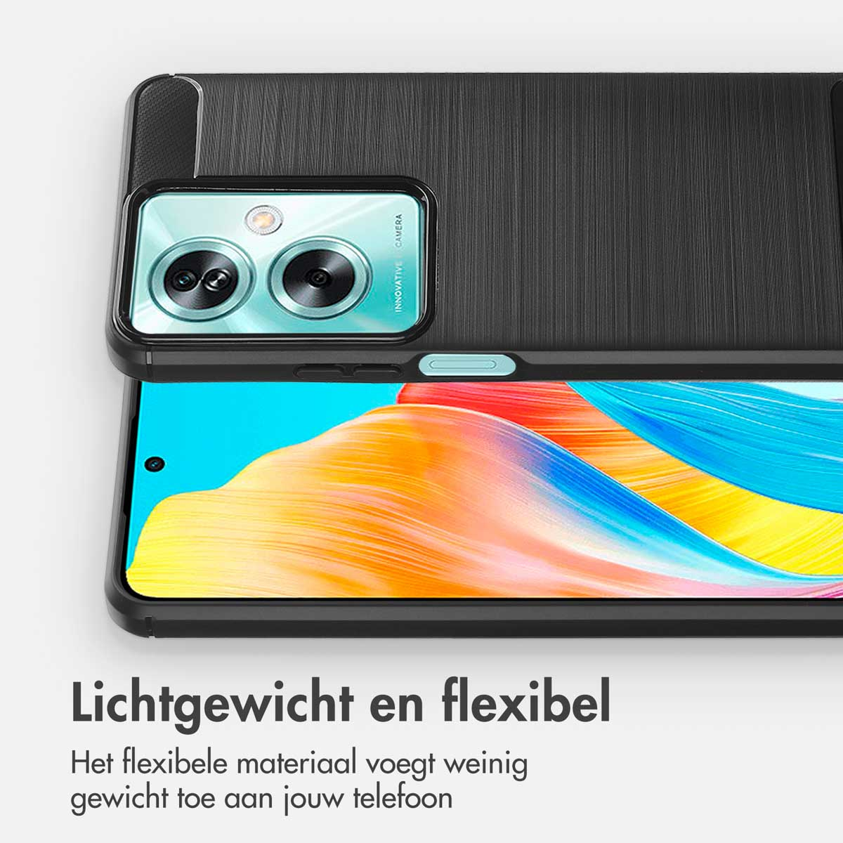 Une coque de téléphone avec un design texturé noir, avec un téléphone dessus. Fond blanc.
