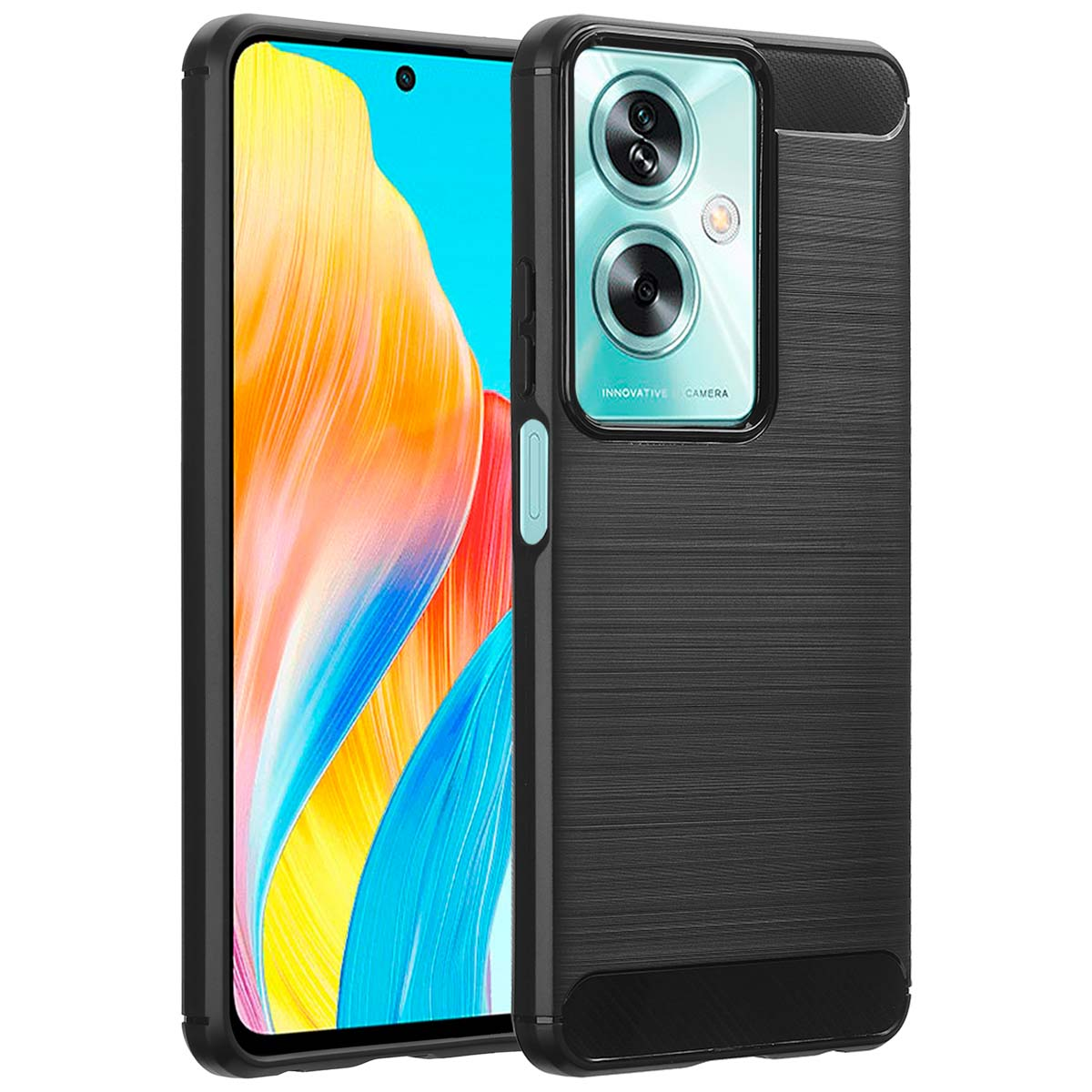 Coque de téléphone noire. Écran du téléphone visible. La coque a un motif texturé au dos.