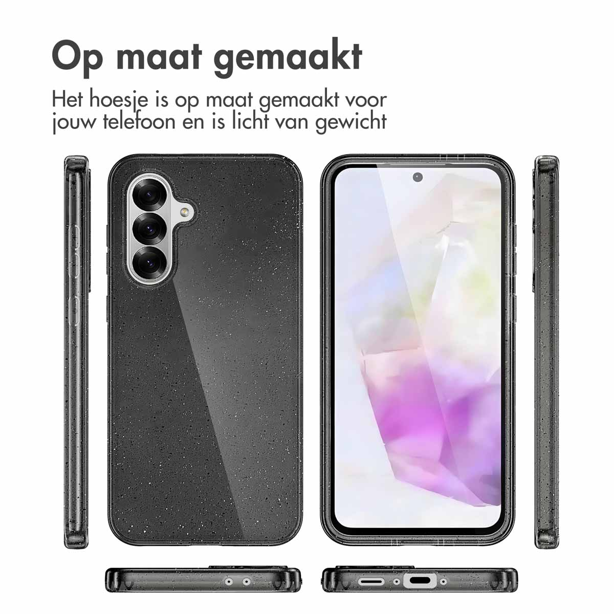 Set telefoonhoesjes. Toont voor-, achter- en zijaanzichten. De hoes heeft een gespikkeld, donker ontwerp.