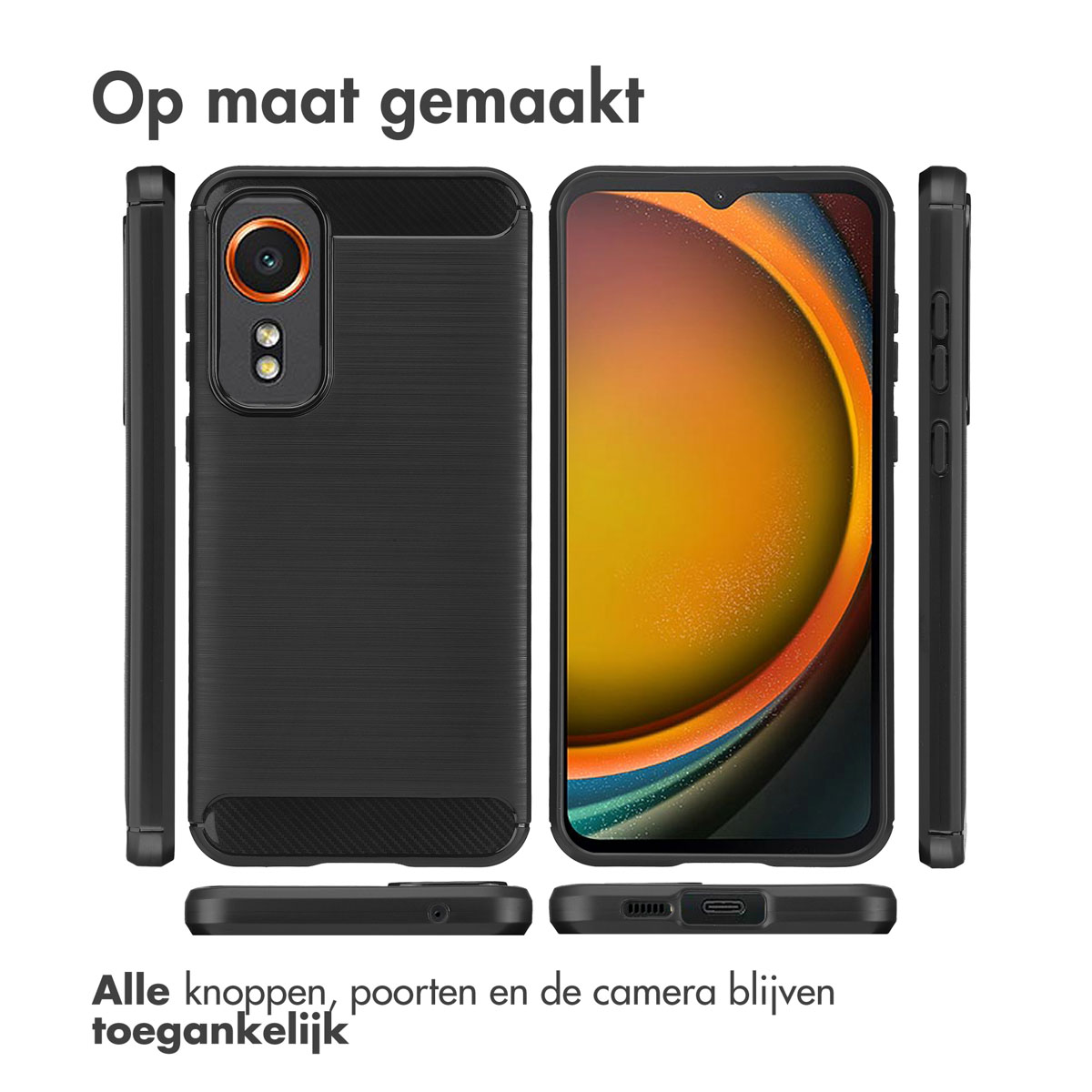 Coque de téléphone noire, différents angles. Comprend des boutons, des ports et un accès à la caméra.