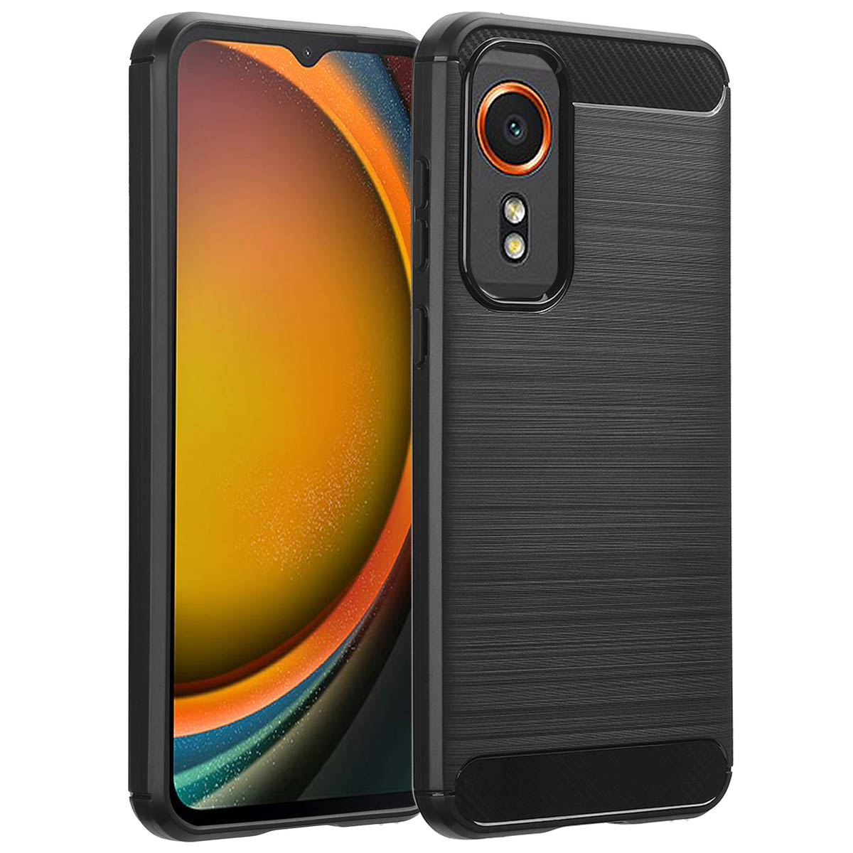 Coque noire avec dos texturé et téléphone dedans.