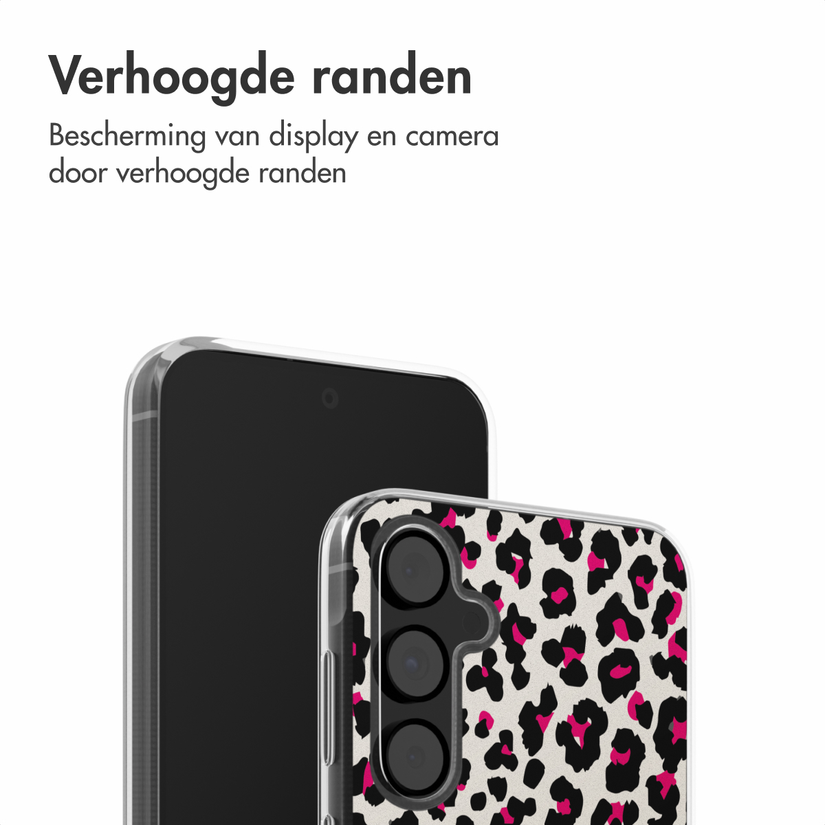 Een telefoon in een hoesje met luipaardprint. De hoes is wit met zwarte en roze vlekken.