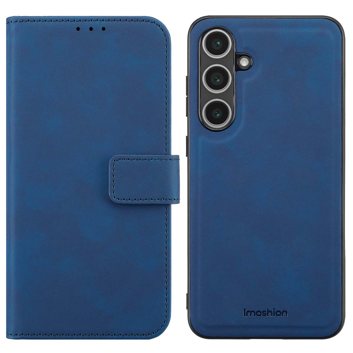 Blauwe portemonnee telefoonhoes. De hoes is open en de telefoon staat rechts. Tekst: Imoshion.