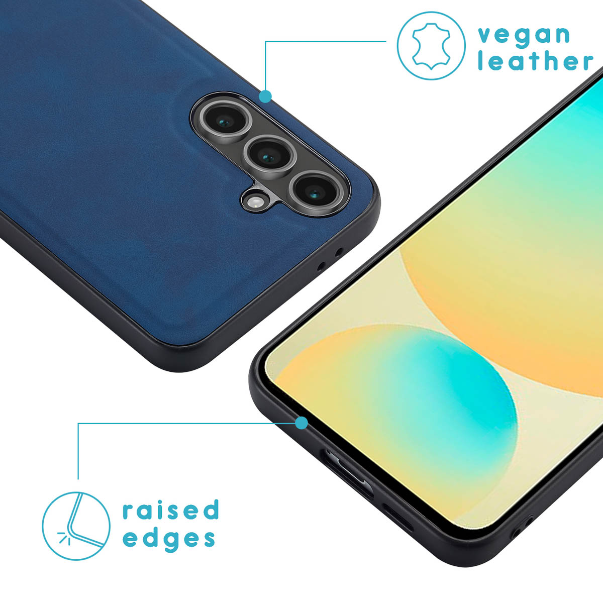 Blauwe vegan lederen telefoonhoes met opstaande randen. Een telefoon wordt getoond met de hoes.