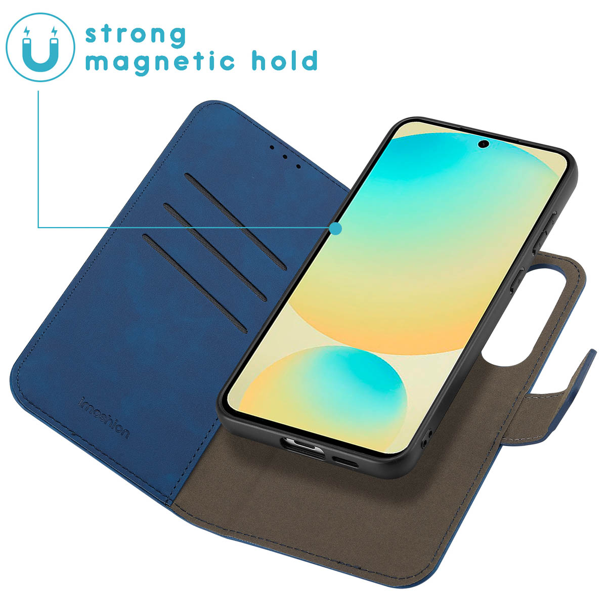 Blauwe telefoonhoes met telefoon erin. De hoes is open en bruin vanbinnen.