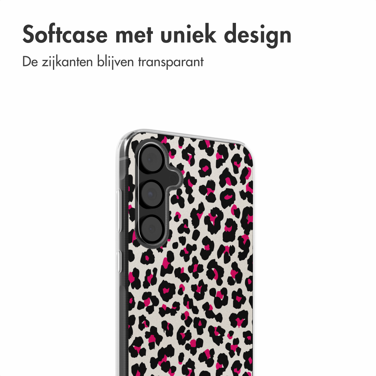 Telefoonhoesje met luipaardprint. Zwarte en roze vlekken op een witte achtergrond. De telefoon is niet zichtbaar.
