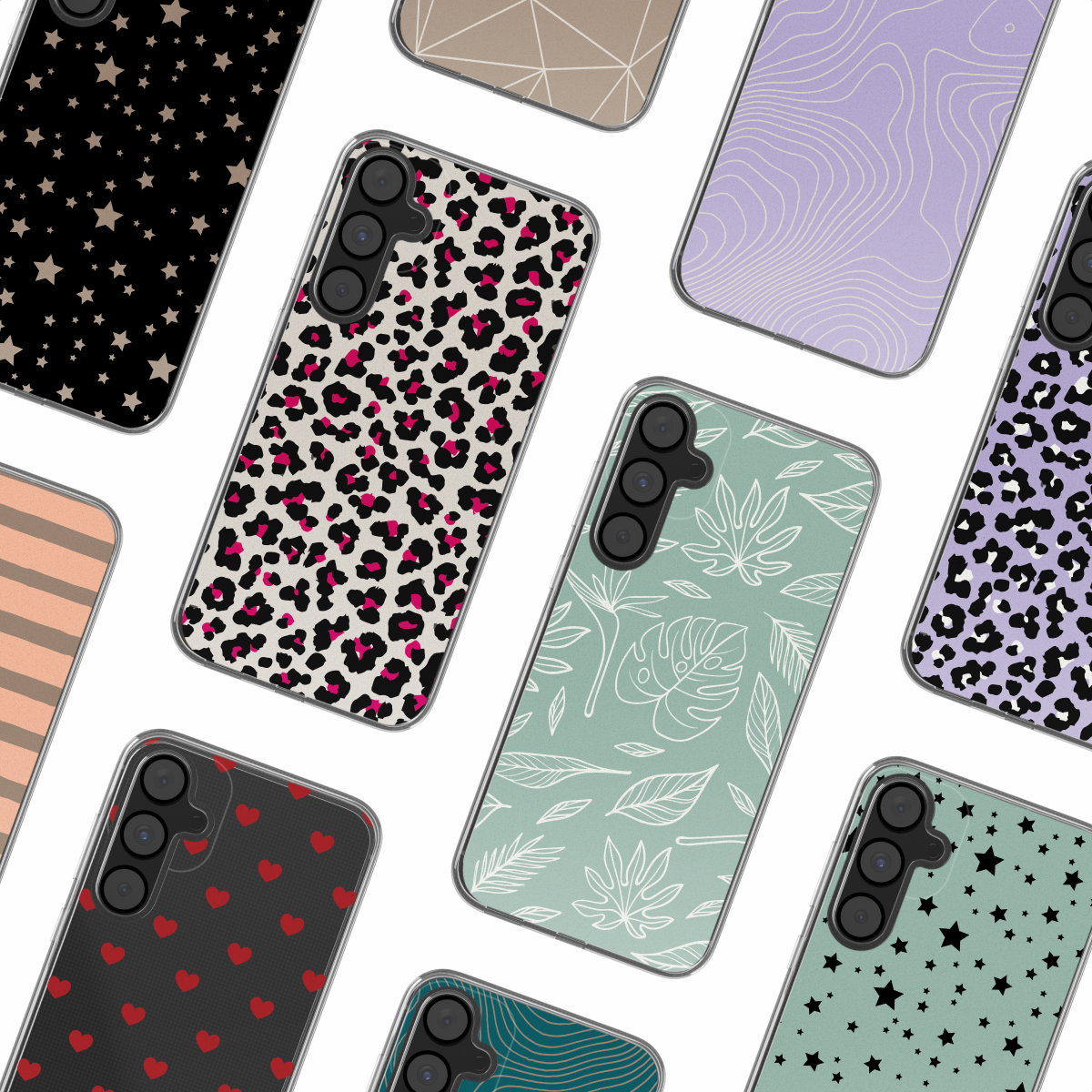 Verschillende telefoonhoesjes met verschillende patronen, waaronder sterren, luipaardprint en bladeren.