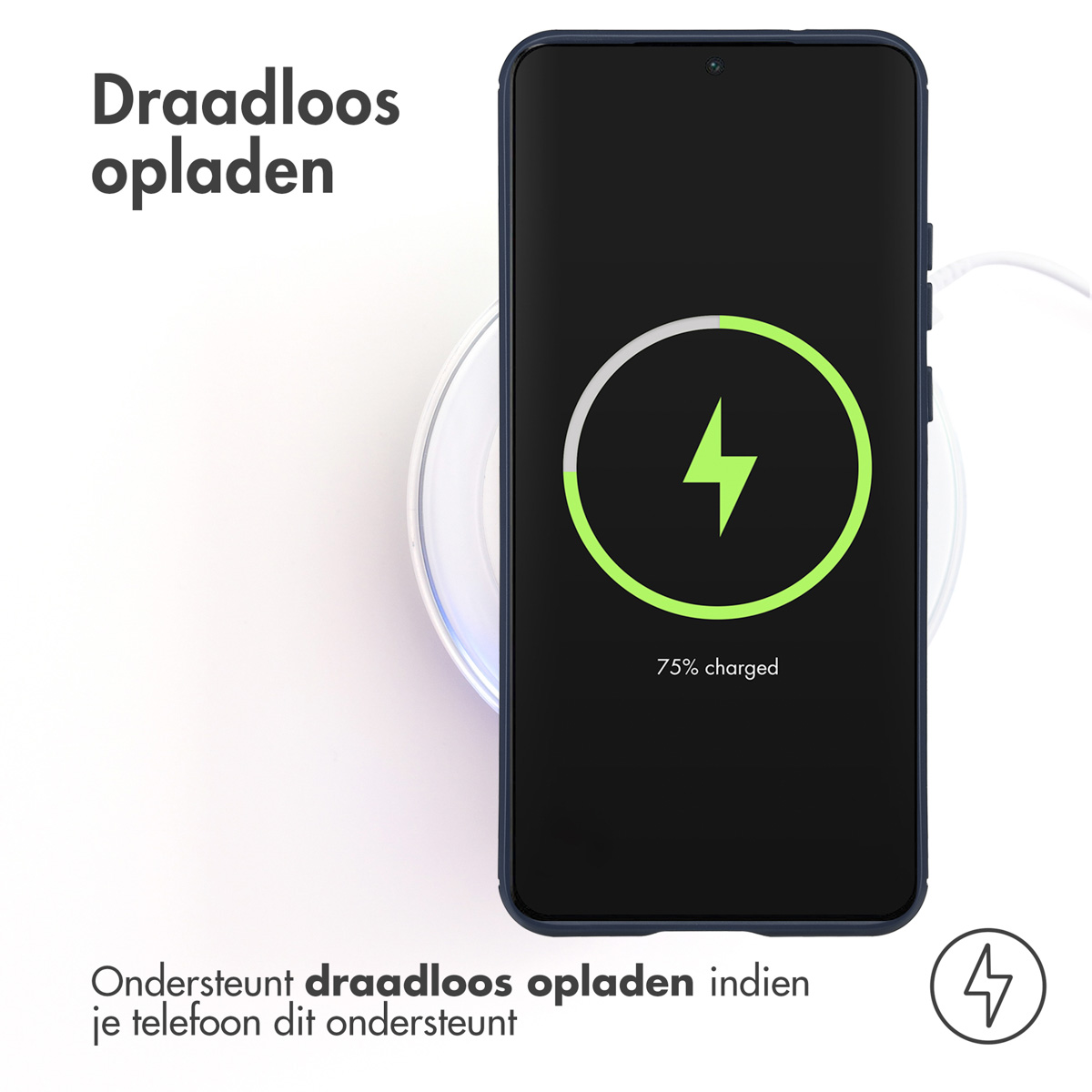 Telefoon op draadloze oplader, met een groene bliksemschicht, die 75% opladen aangeeft.