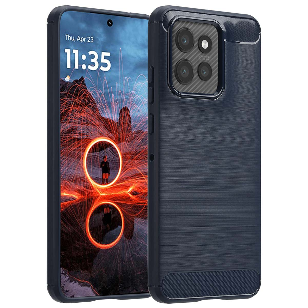 Blauwe telefoonhoes met een telefoon. De telefoon toont 11:35 en een afbeelding.