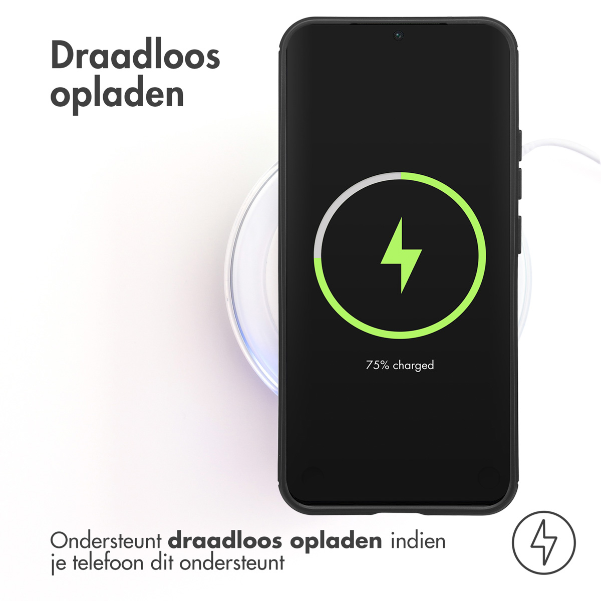 Téléphone sur chargeur sans fil, avec un éclair vert, indiquant 75% chargé.
