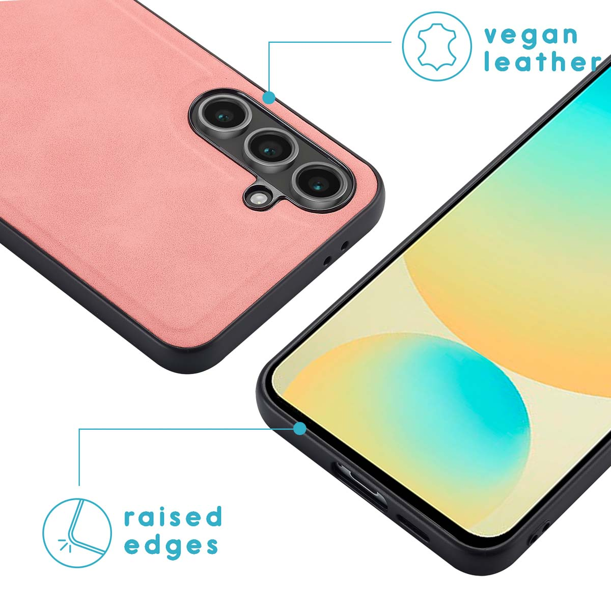 Close-up van een roze vegan leren telefoonhoesje, de camera van de telefoon. Verhoogde randen zijn zichtbaar.