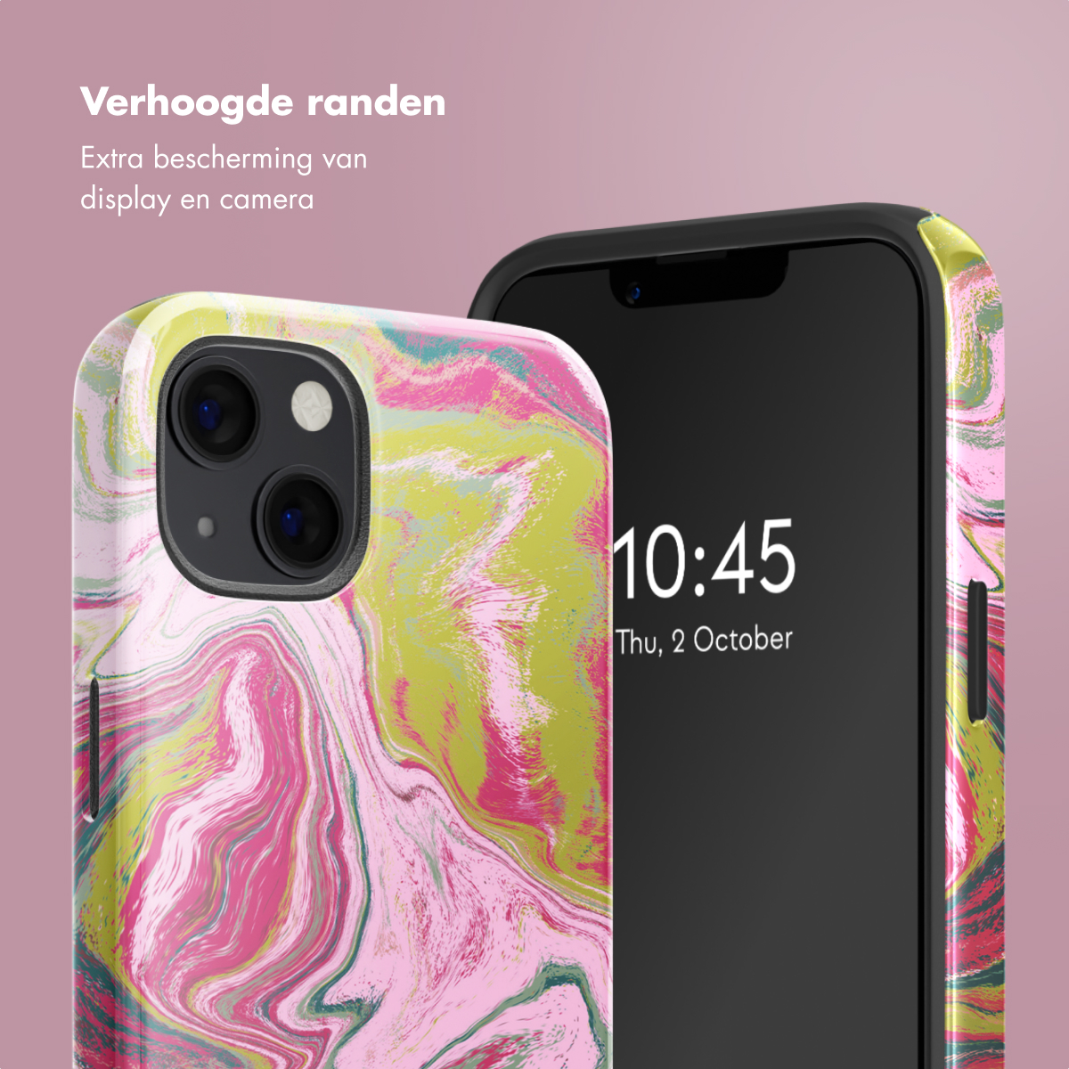 Coque de téléphone avec imprimé de marguerites, avec bords surélevés de 1 mm et téléphone partiellement visible.