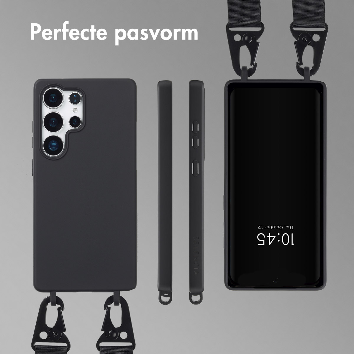 Zwarte telefoonhoes met lanyard-bevestigingen. Toont de telefoon en de lanyard.