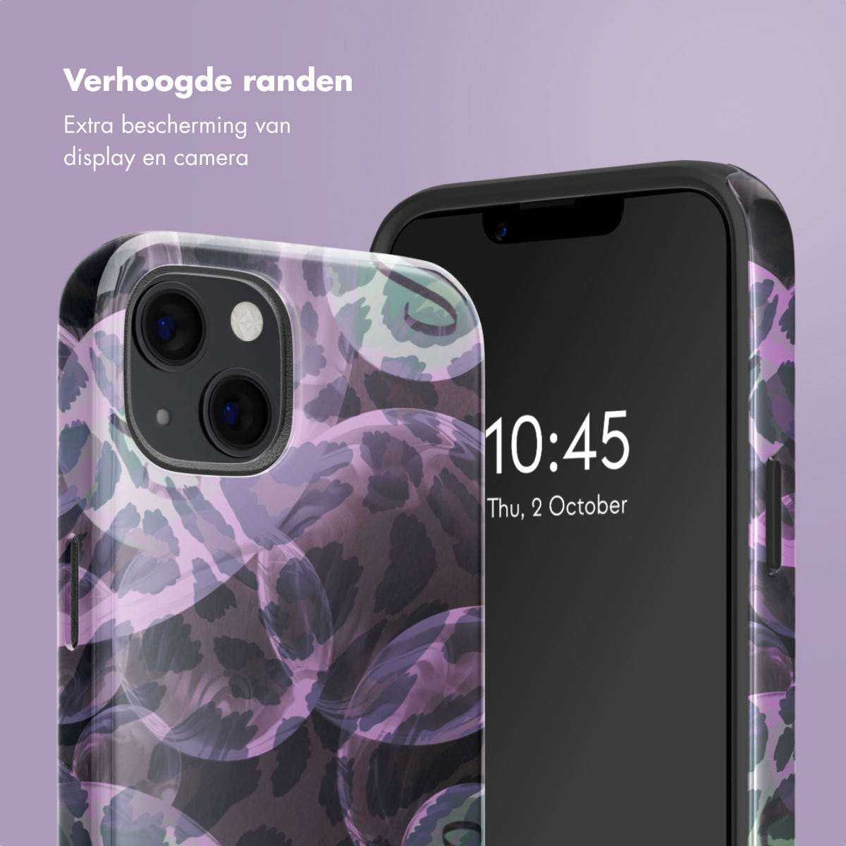 Téléphone avec un motif de bulles violet et marron, la coque partiellement visible et l'heure affichée.