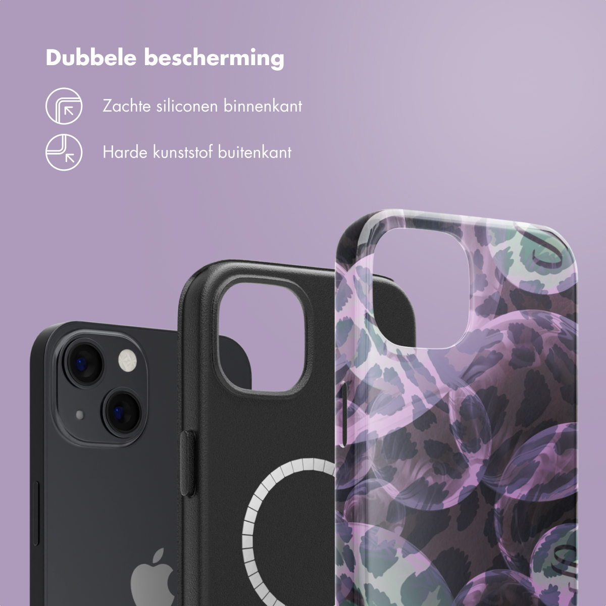 Trois coques de téléphone, noire, noire avec un cercle blanc et une avec un motif de bulles violettes, sur fond violet.