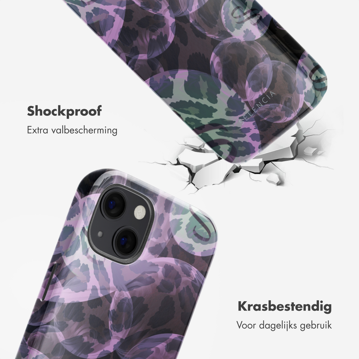Coque de téléphone avec un motif de bulles violettes et un texte indiquant antichoc.