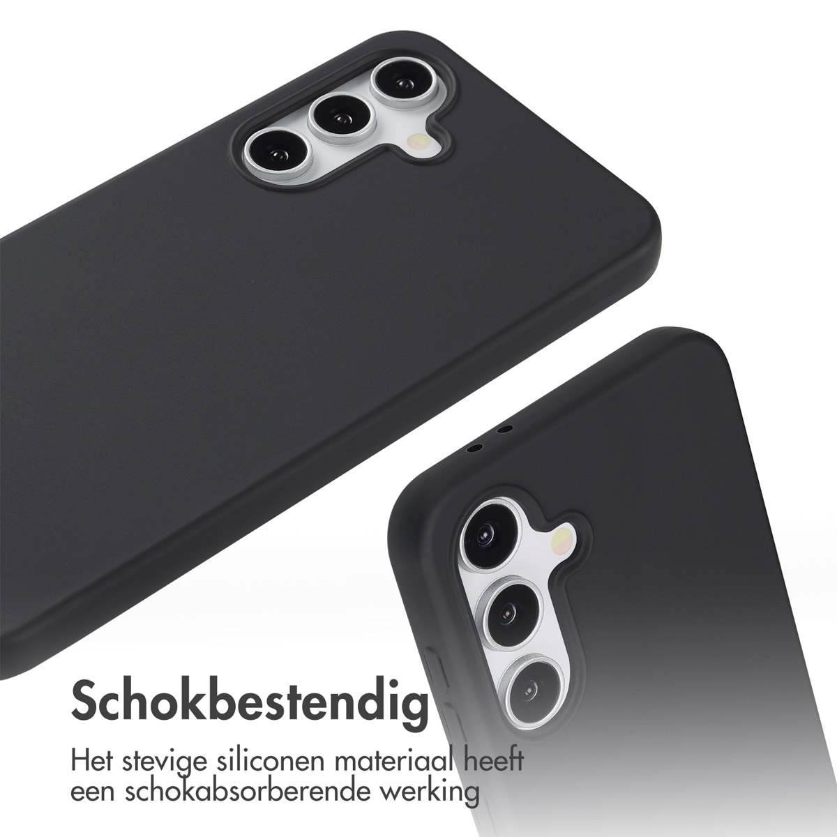 Twee zwarte telefoonhoesjes. Tekst geeft schokbestendigheid aan door het siliconen materiaal.