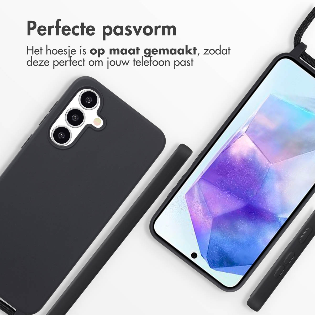 Zwarte telefoonhoes met een telefoon. De telefoon zit in de hoes, met een koord eraan bevestigd.