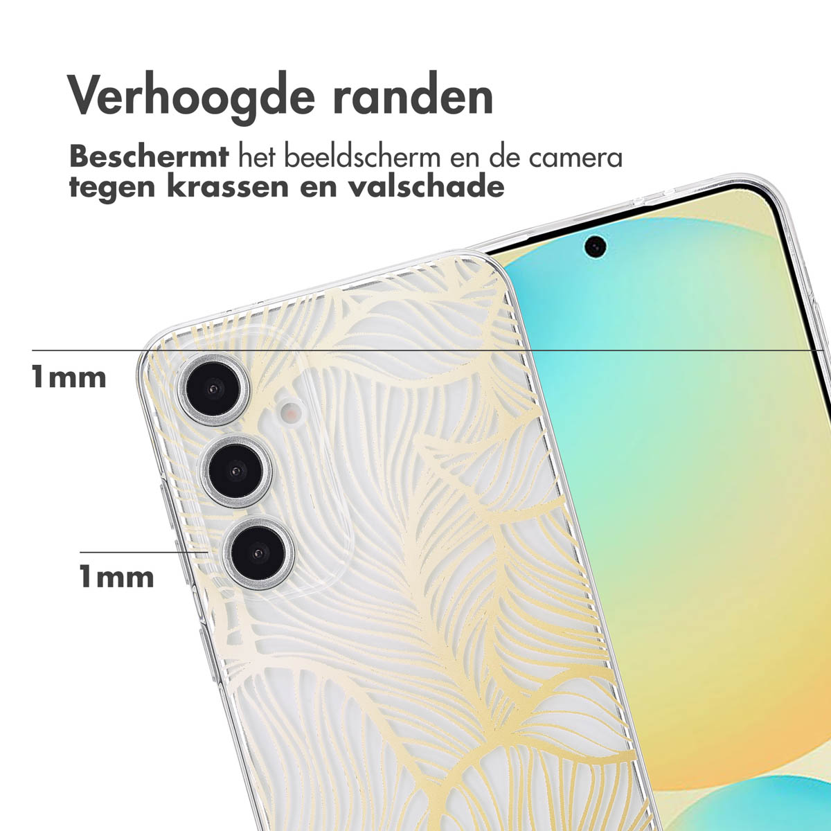 Transparante telefoonhoes met een gouden veermotief, met een telefoon rechts.