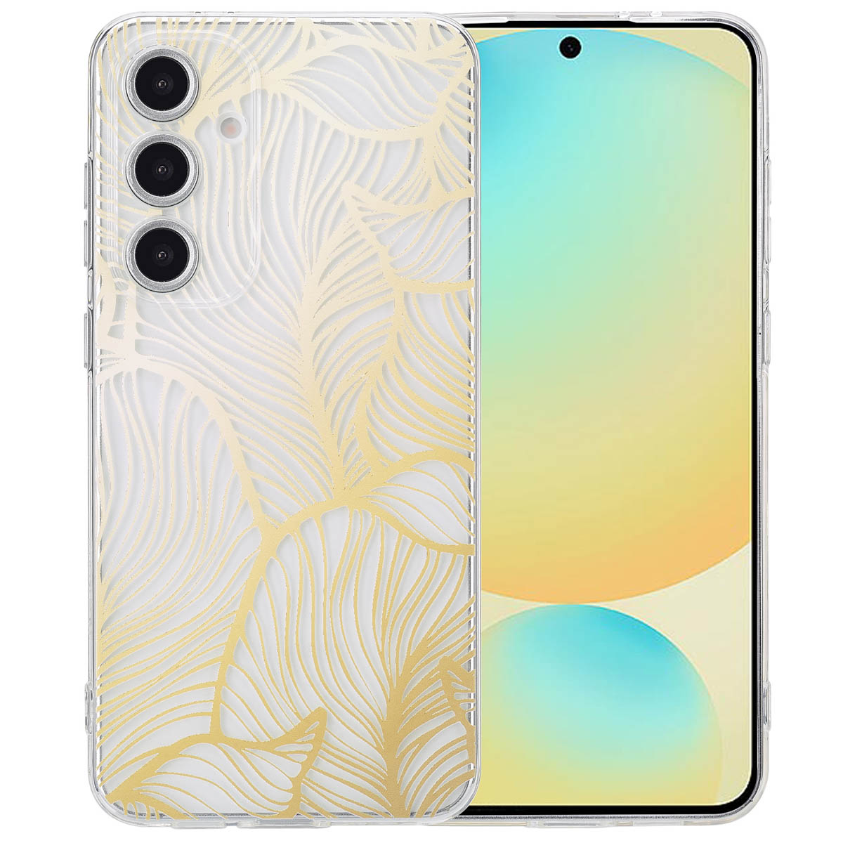 Telefoonhoesje met gouden bladerenpatroon. Telefoon in de hoes. De hoes ligt op een tafel.
