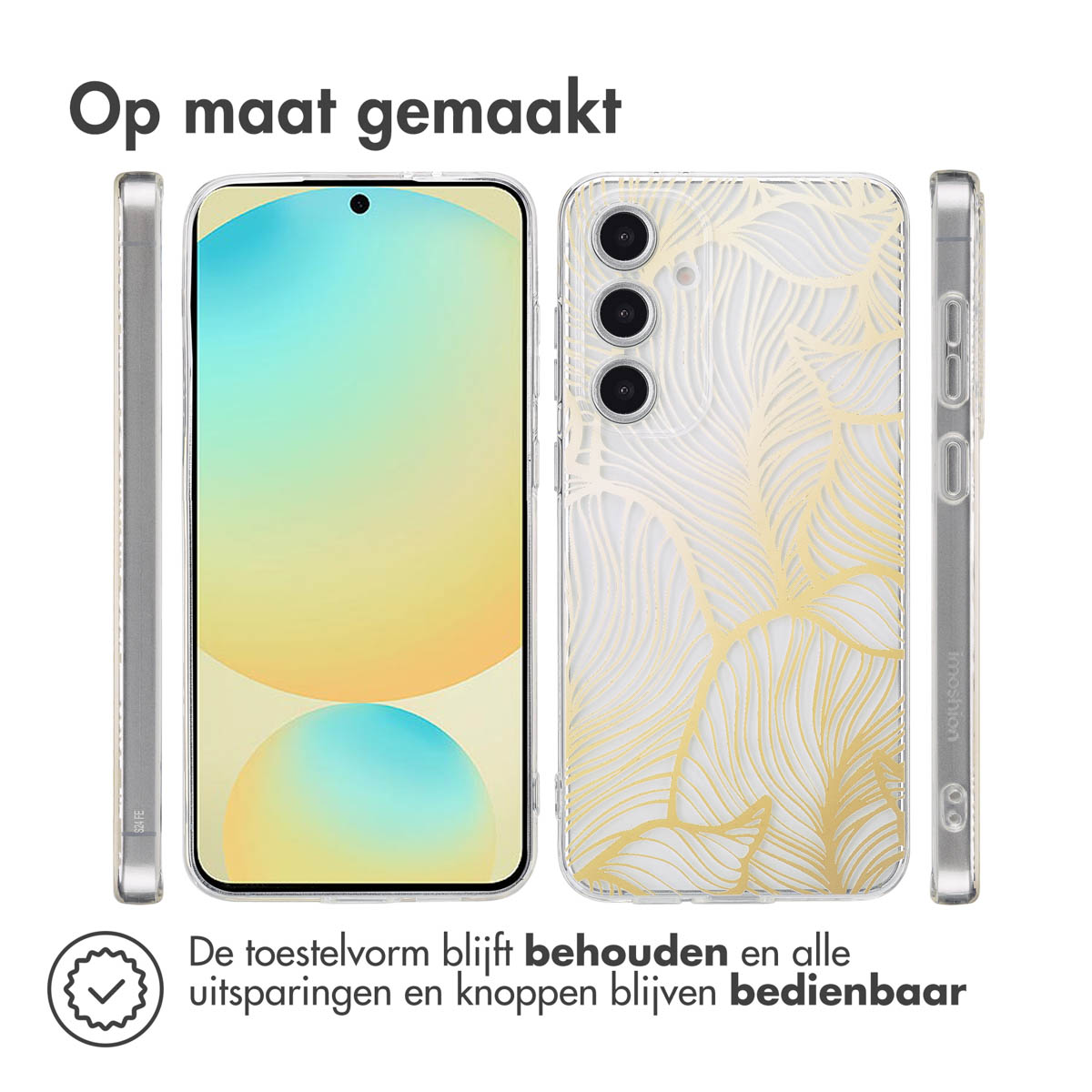 Transparante telefoonhoes met gouden design. Er is een witte achtergrond.