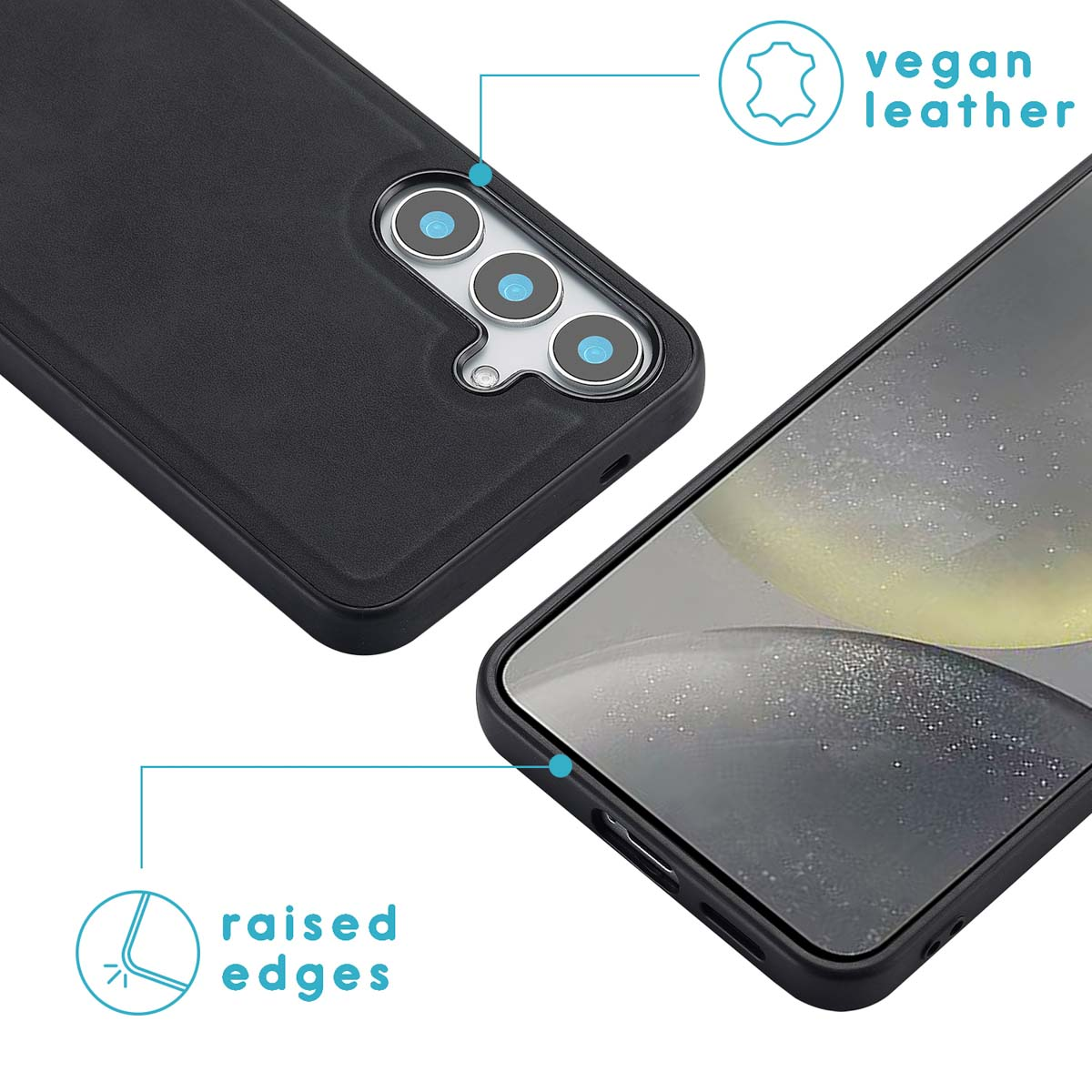Black phone case, with vegan leather text, and raised edges. Phone with a modern camera setup is visible.