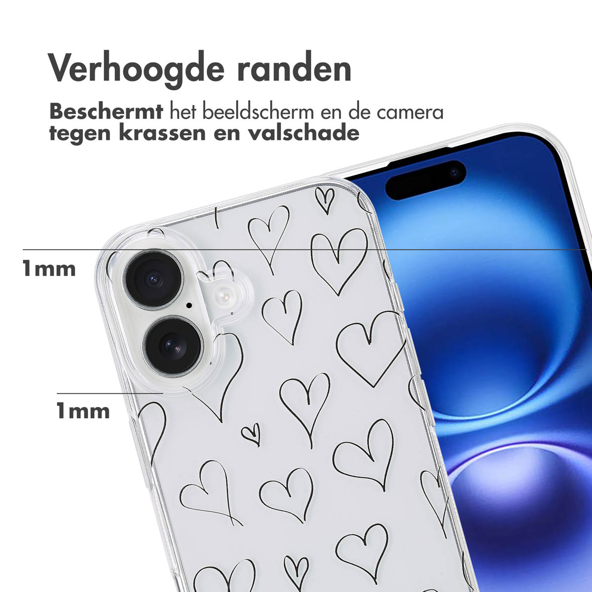 Een telefoonhoesje met een hartjespatroon, met een telefoon en tekst van 1 mm.
