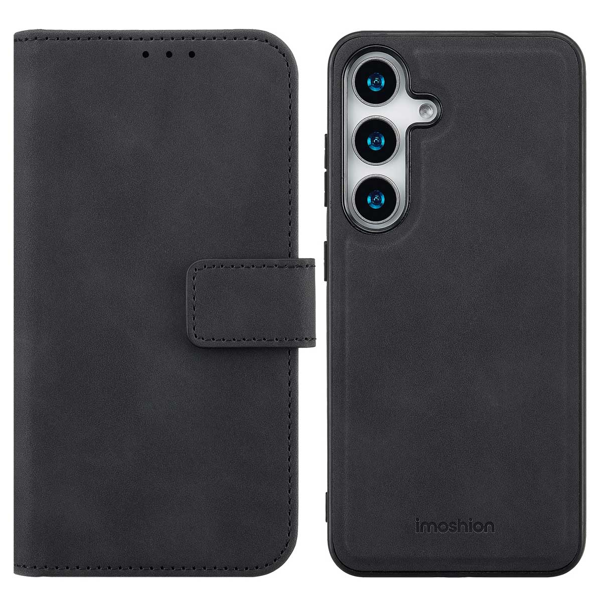 Black phone case in a wallet style. The left side is for cards. The right side is for the phone.