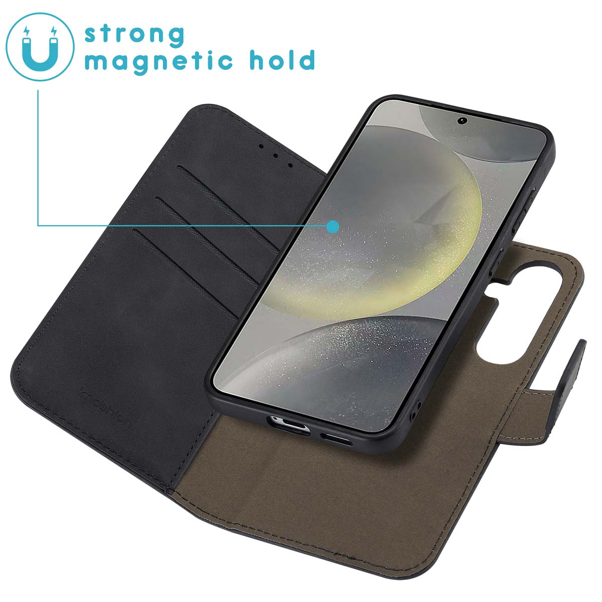 Black phone in a leather case.  Text: Strong magnetic hold.  The phone is angled. White background.