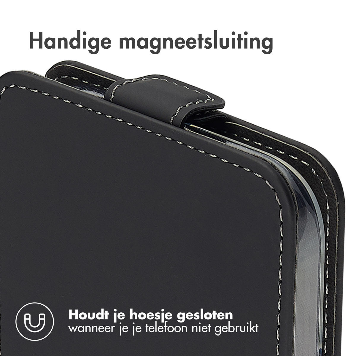 Una custodia per telefono nera con chiusura magnetica. Il testo dice 'Mantiene la custodia chiusa quando non in uso'.