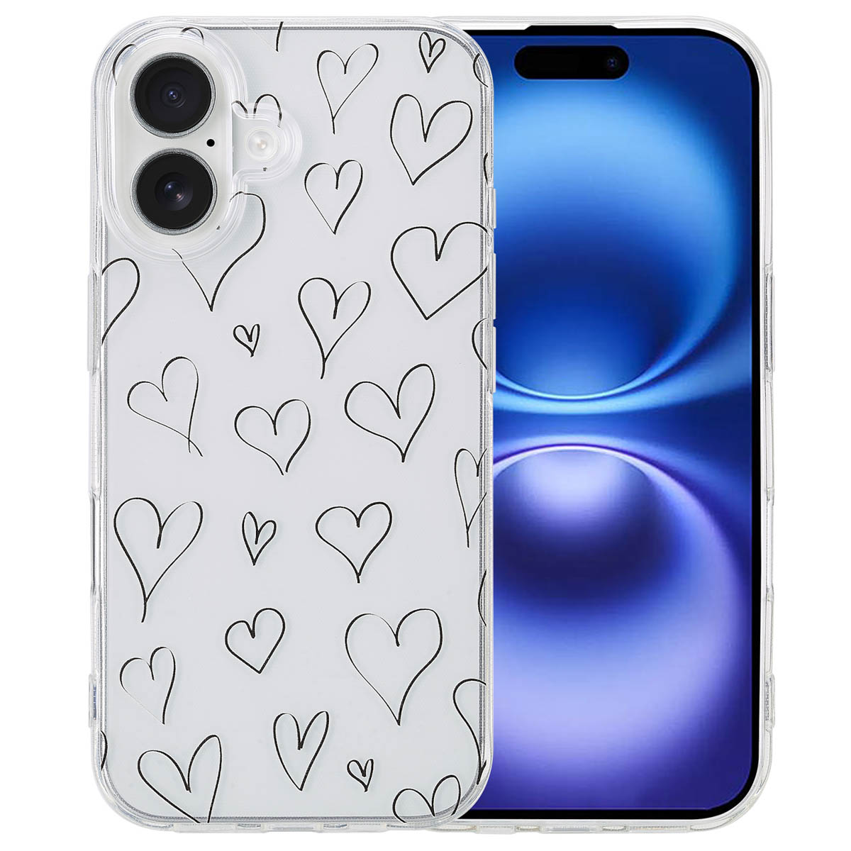 Een telefoon met een doorzichtige hoes bedekt met zwarte harten.