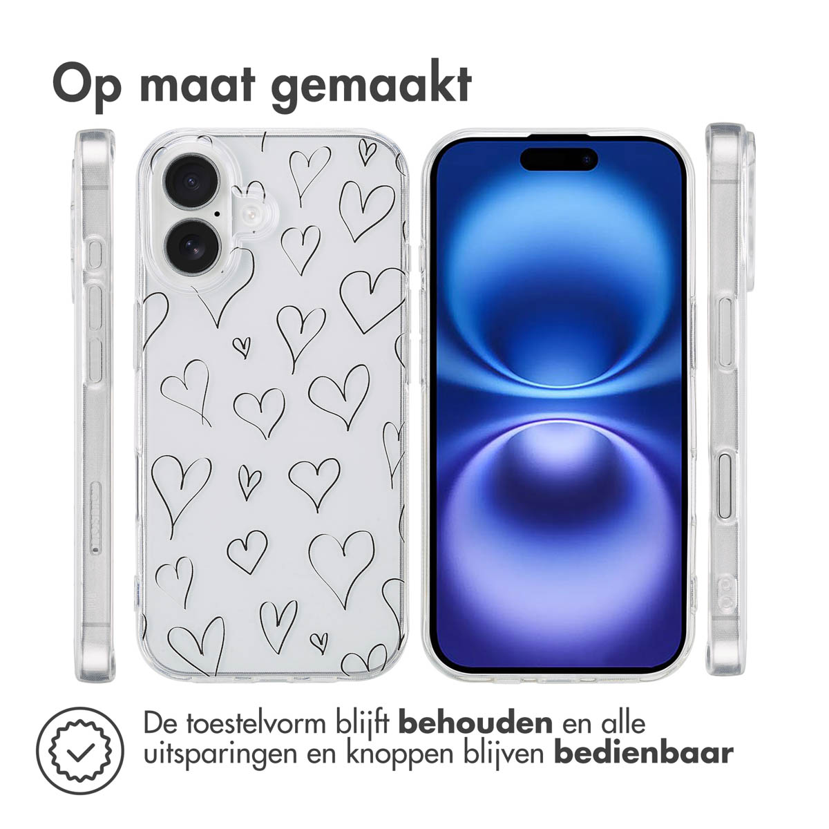 Transparante telefoonhoes met hartpatroon. Telefoon rechts, met zwart scherm. De hoes is transparant.