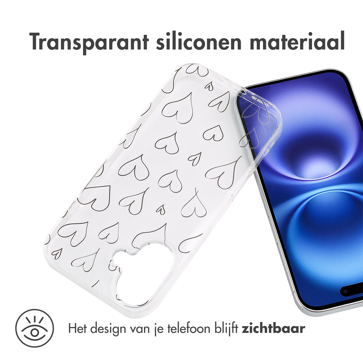 Een doorzichtig telefoonhoesje met hartjes. Er ligt een telefoon naast.