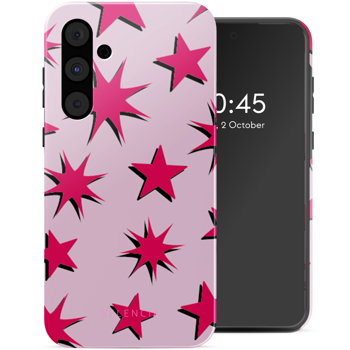 Een telefoon in een roze sterrenpatroonhoes, naast de telefoon met hetzelfde ontwerp.