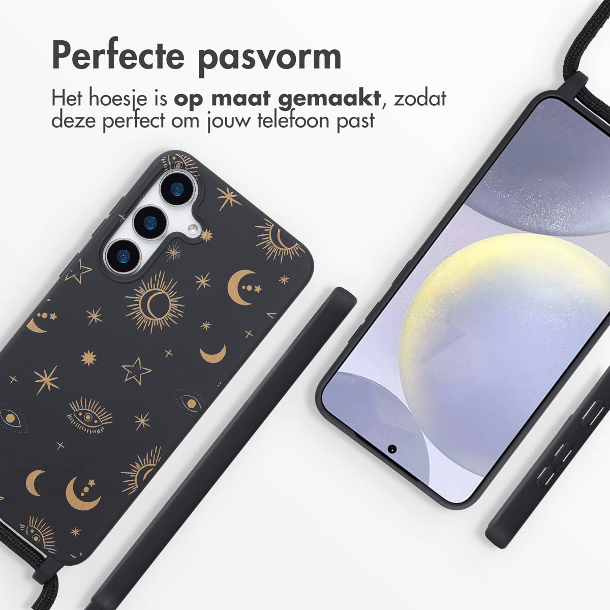 Coque de téléphone avec fond sombre avec un design d'étoiles et de lunes dorées, téléphone à droite.