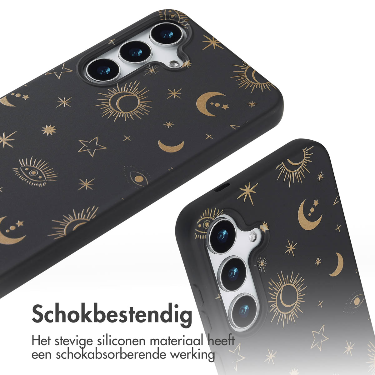 Coque de téléphone noire avec motif doré de soleil, lune et étoiles. La coque est posée sur une table.