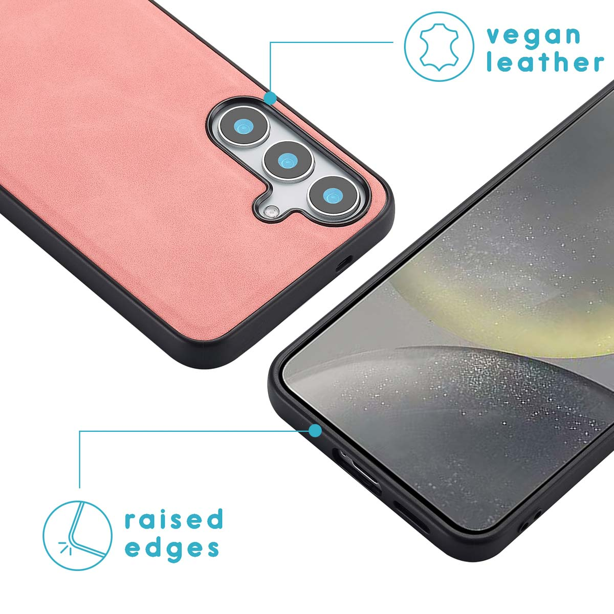 Phone case in pink vegan leather. Black phone case with three camera lenses.