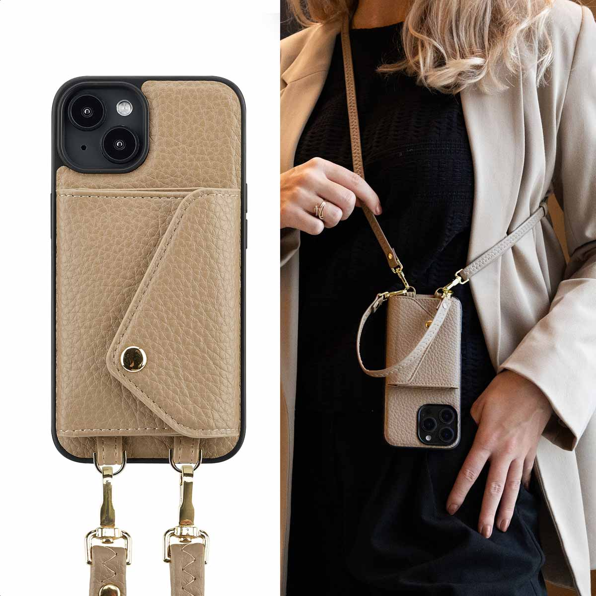 Étui de téléphone beige avec sangle porté par une personne. Chemise noire et veste beige. Fond blanc.