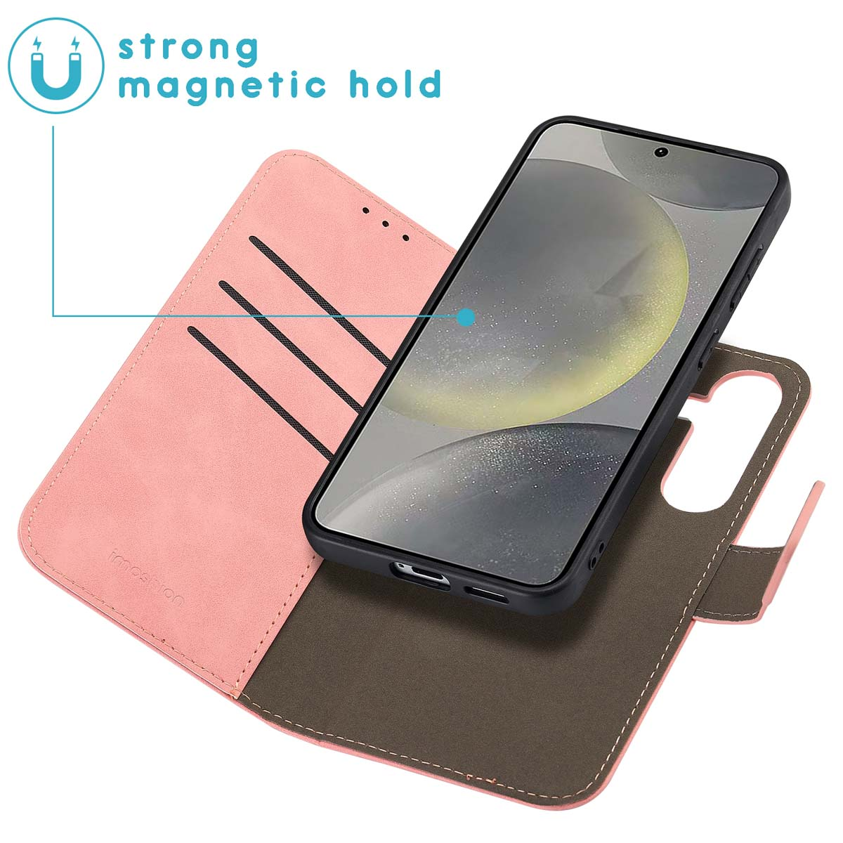 Pink phone case with a phone inside, showing a black screen.