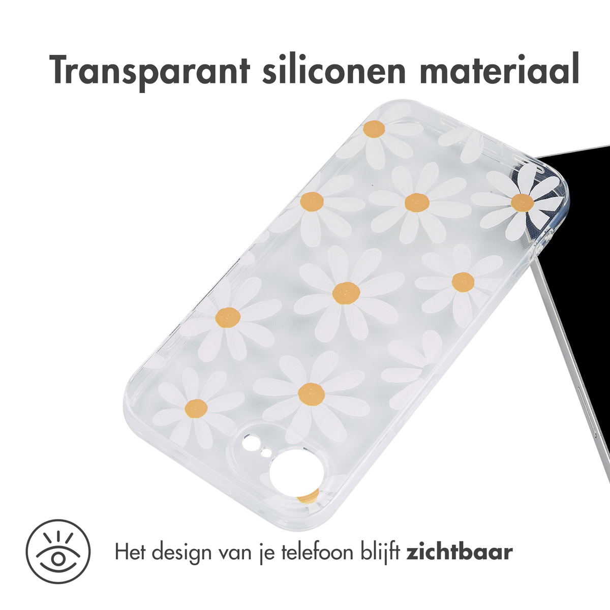 Eine transparente Handyhülle mit Gänseblümchenmuster auf weißem Hintergrund. Textüberlagerungen.