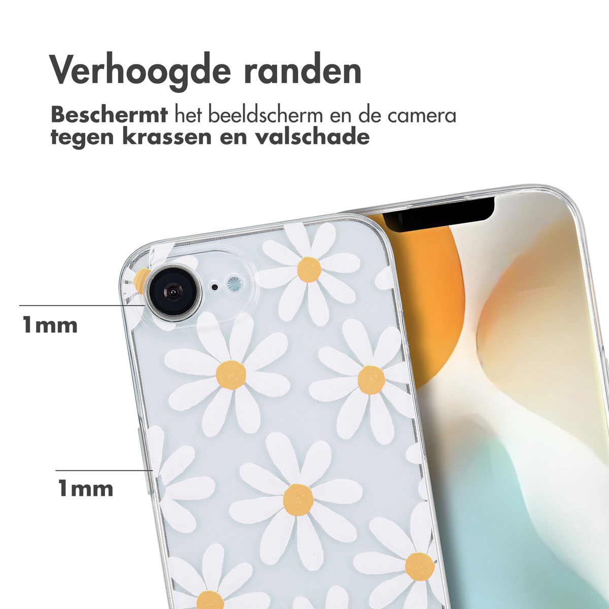 Handyhülle mit Marmordesign, 1 mm erhöhten Rändern und teilweise sichtbarem Telefon.