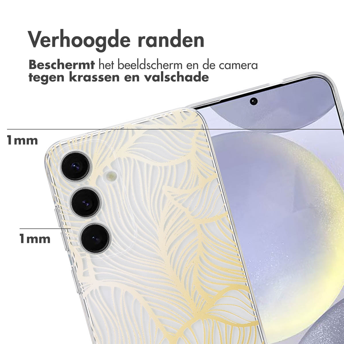 Coque de téléphone transparente avec un motif doré. La coque protège le téléphone. Les bords sont surélevés.
