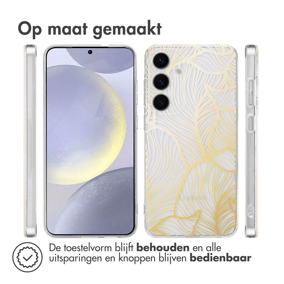 Coque de téléphone avec motif de feuilles dorées. Téléphone à l'intérieur de la coque. La coque est sur une table.