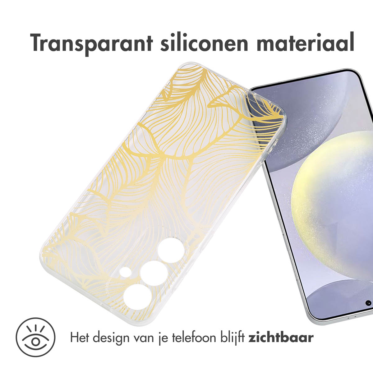 Coque transparente avec design de feuilles d'or et téléphone visible.