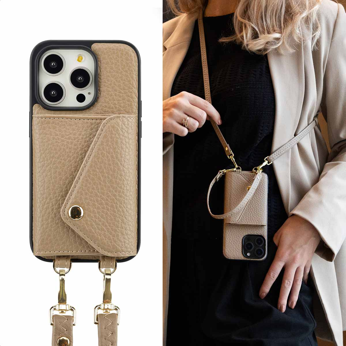 Een telefoonhoesje met een riem. Het heeft een portemonneegedeelte en een gouden sluiting.