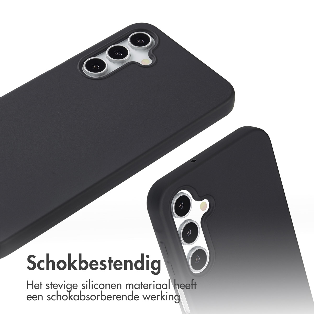 Zwart telefoonhoesje. De hoes wordt beschreven als schokbestendig. Het telefoonhoesje beschermt de telefoon.