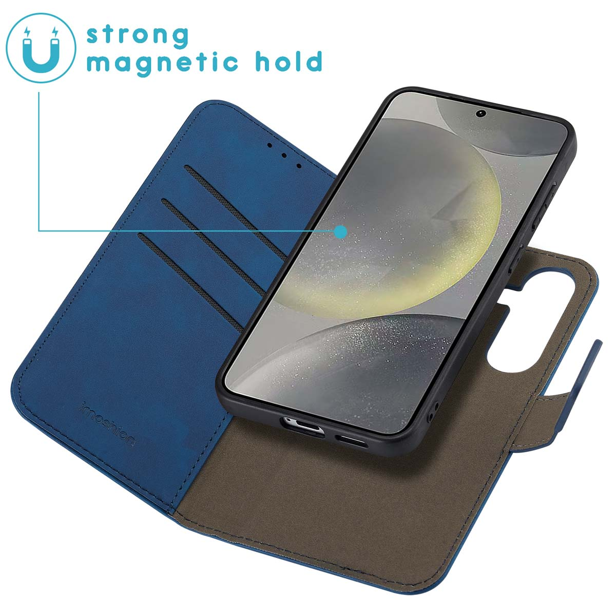 Blue phone case with a phone. The case has slots for cards.