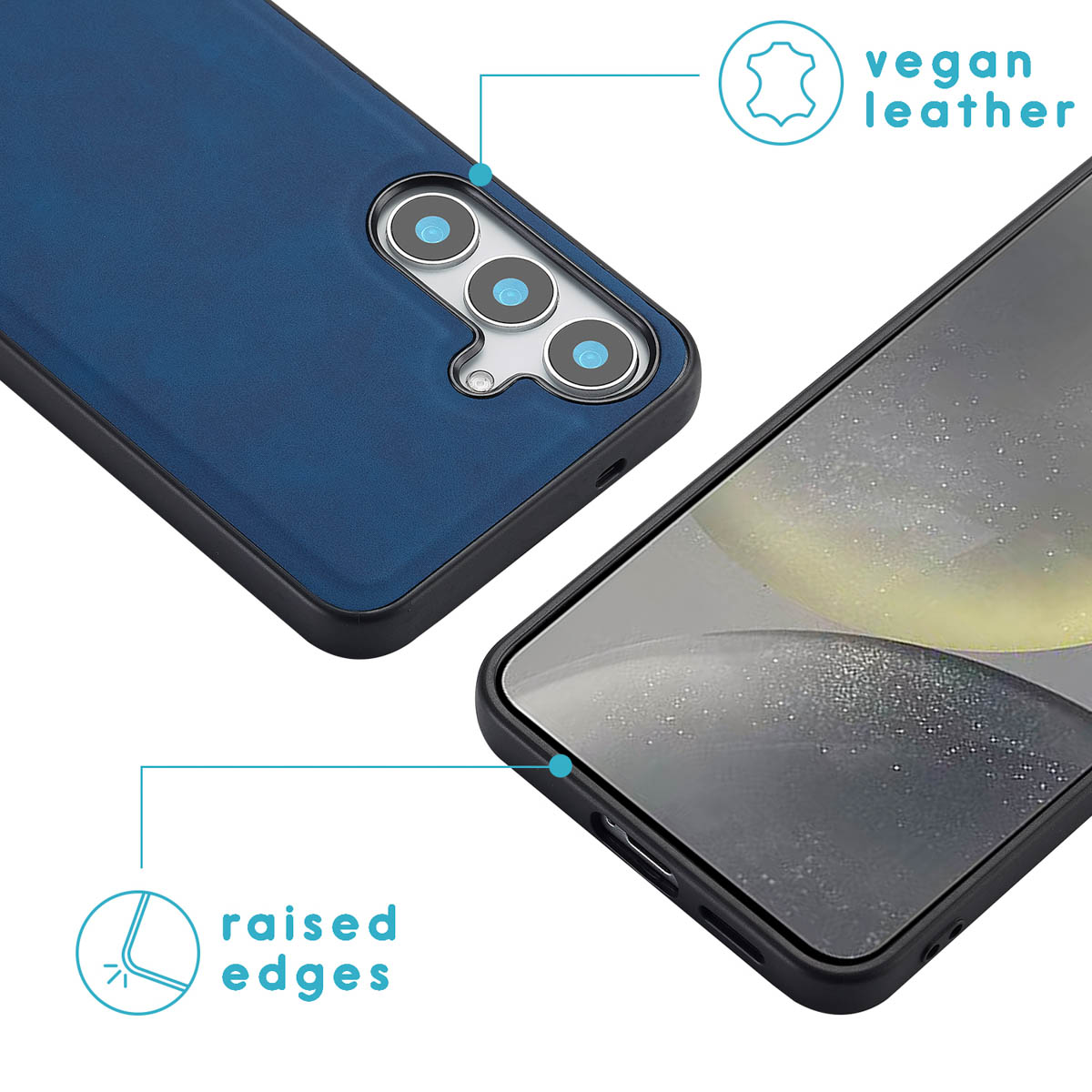 Blue phone case with a black border and a phone screen. White background.