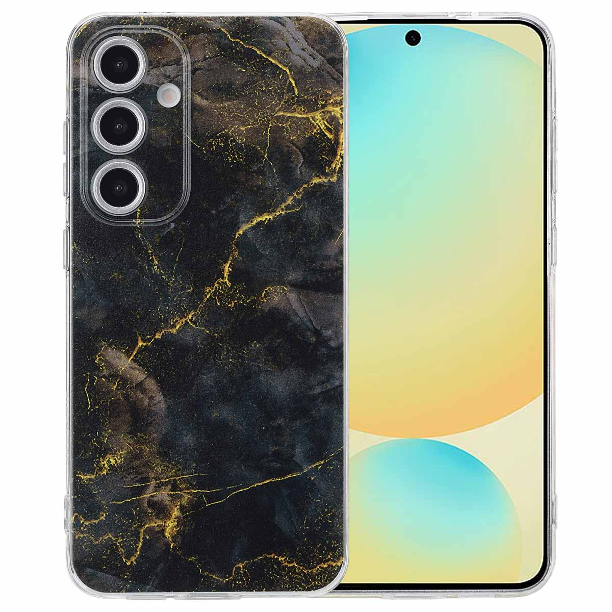 Telefoon met zwarte marmeren hoes met gouden aders. Telefoonscherm zichtbaar.